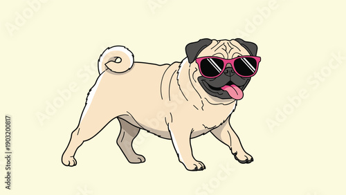 Funny pug dog wearing pink framed sunglasses and walking with a happy expression in a bright and playful illustration.