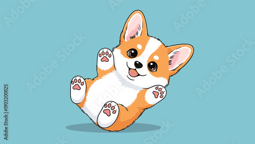 Adorable corgi puppy lying on its back and showing its paws in a playful and happy cartoon illustration on blue.