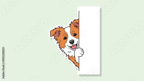 Cute border collie puppy peeking out from behind a white rectangular board in a charming cartoon illustration on green.