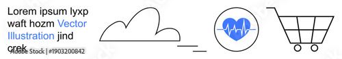 Cloud technology, digital health, e-commerce, data flow, online retail, connectivity. Simplistic cloud, heart rate symbol shopping cart. Cloud technology and digital health concepts