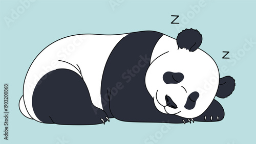 Large giant panda bear sleeping soundly on its side in a simple and peaceful cartoon illustration on a blue background.