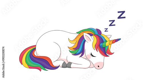 Magical white unicorn with a rainbow mane and tail sleeping peacefully in a colorful and dreamy cartoon illustration.