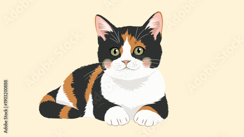 Beautiful calico cat sitting gracefully and looking forward with bright eyes in a colorful and clean cartoon illustration.