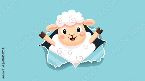 Happy cartoon sheep with fluffy white wool bursting through a hole in light blue paper with its hooves raised in joy for fun designs.