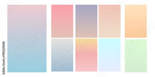 Pastel gradient swatches set. Soft color transitions in pink, blue, green, yellow, and peach tones. Collection of smooth vertical gradients for design, UI, or background. Vector illustration,