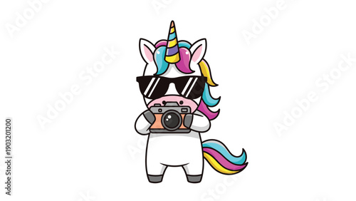 Cool white unicorn wearing dark sunglasses and holding a vintage camera while standing on a clean white background for fun themes.