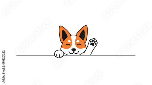 Cute orange and white corgi dog peeking over a black line and waving its paw with a happy smile on a clean white background.