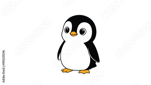 Cute baby penguin standing alone and looking forward with its large eyes on a clean white background for wildlife illustrations.
