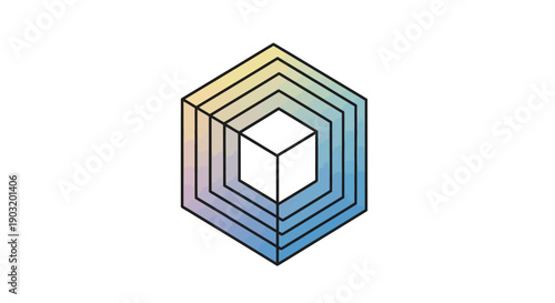 Abstract isometric hexagonal shape with nested cubes and a pastel color gradient digital