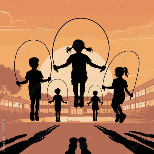 Children jumping rope together in silhouette at sunset background  