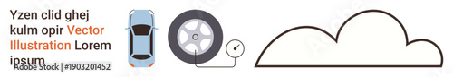 Automotive maintenance, energy efficiency, tire care, sustainability, eco-friendly solutions, transportation safety. a car, a tire air pump equipment and a cloud icon. Automotive maintenance