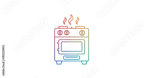 Vibrant Rainbow Gradient Line Icon of a Modern Kitchen Stove and Oven with Flames Emitting