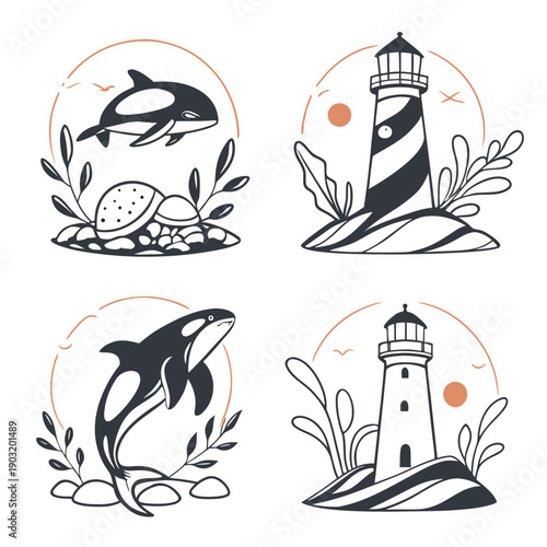 Four stylized illustrations of lighthouses and dolphins in a circular arrangement Vector