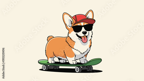 Cool corgi dog wearing a red cap and sunglasses while riding a skateboard on a light beige background for urban pet themes.