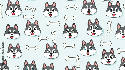 Seamless pattern of cute husky dog faces and white bones arranged on a light blue background for pet related fabric designs.