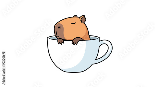 Cute cartoon capybara resting comfortably inside a white ceramic coffee cup with its front paws resting on the rim.
