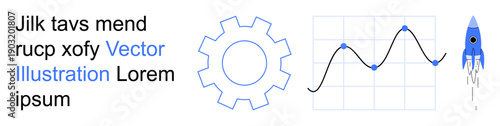 Business growth, innovation, data analysis, engineering, progress, technology. Gear icon, graph and rocket design in abstract layout. Innovation and data analysis as key