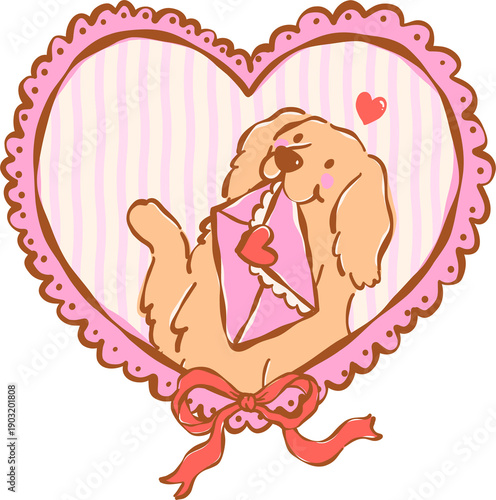 Cute Valentine Dog with Love Letter in Heart Vintage Frame Whimsical Hand Drawn