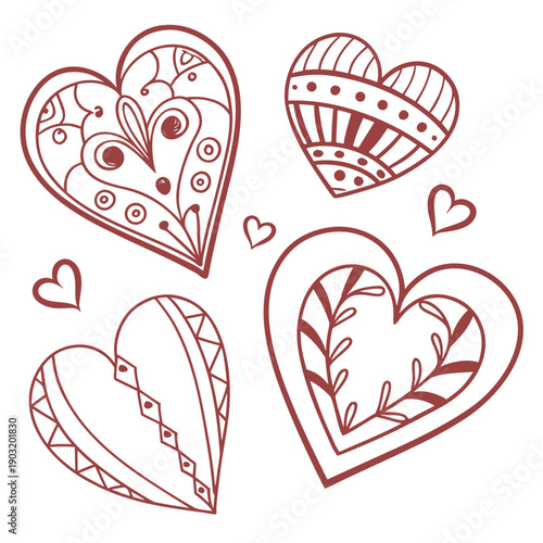 A whimsical illustration of hearts adorned with intricate patterns and designs. Vector