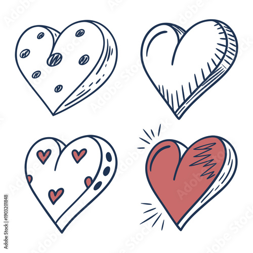 Four distinct heart illustrations showcasing various styles and designs. Vector
