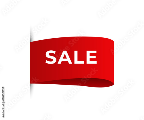 Red ribbon banner with white text SALE angled on white background new arrival