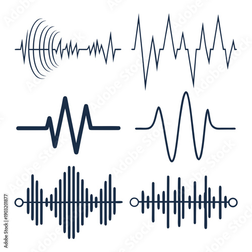A collection of various waveforms illustrating different sound patterns and frequencies. Vector