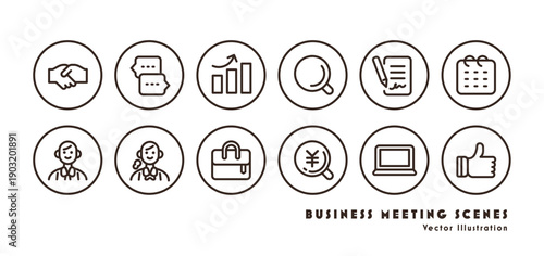 ビジネスと商談のアイコンセット 円形の枠 モノトーンのイラスト