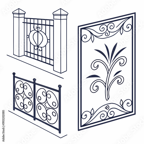 Intricate iron gates and fences showcasing various decorative designs and patterns Vector
