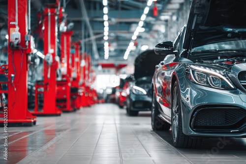 Wallpaper Mural High-end vehicle with hood open inside a automotive service center, maintenance, and premium car care. Torontodigital.ca