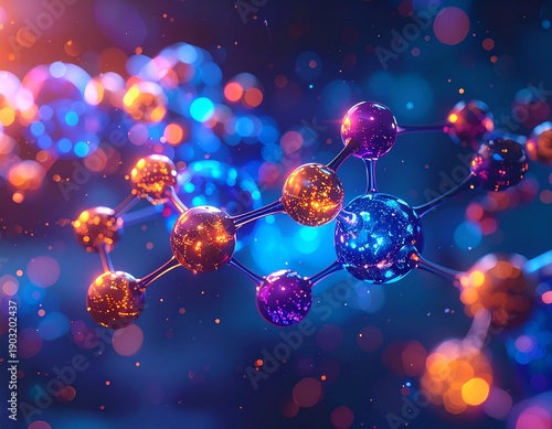 A molecular structure with glowing orbs, connected by thin lines, bokeh background