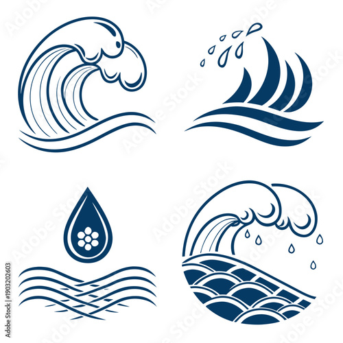 Four distinct blue and white wave and water illustrations arranged in a square pattern. Vector
