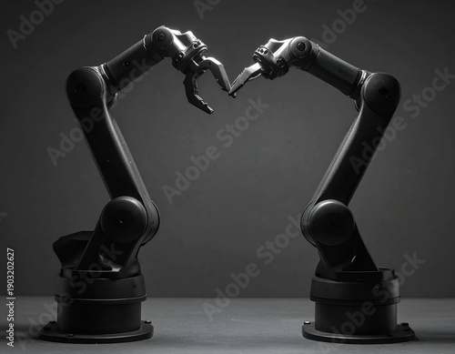 Two robotic arms facing each other, claws almost touching. Black and white