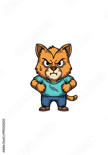 Cartoon angry cat with frowning face isolated