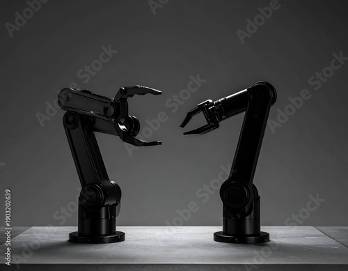 Two black robotic arms face each other against a dark gray background