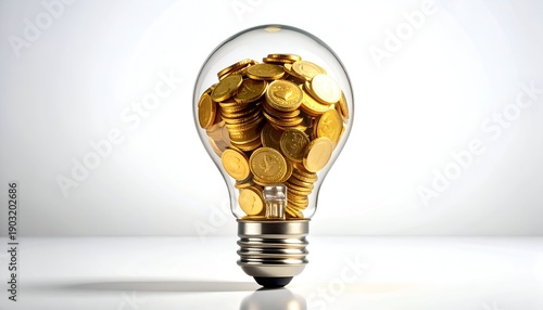 Lightbulb filled with gold coins, symbolizing financial innovation
