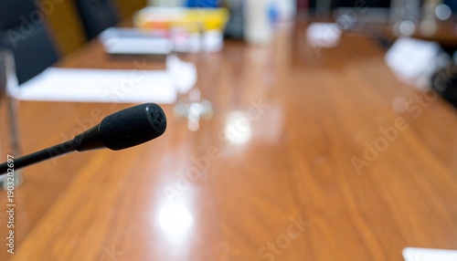 Close-up of a conference table with microphone, blurred background