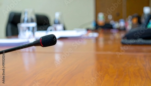 Microphone in focus, long wooden table, blurry office background