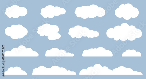 Clouds. A large set of white clouds. Soft fluffy clouds of different shapes. Vector illustration.
