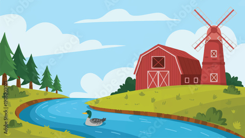 A cartoon illustration of a rural farm scene with a red barn and windmill on a grassy hill (1)_traced