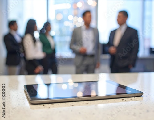 Focus on a tablet; blurred business team in background