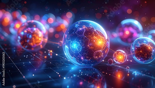 Luminous, cellular spheres interconnected in a vibrant digital network