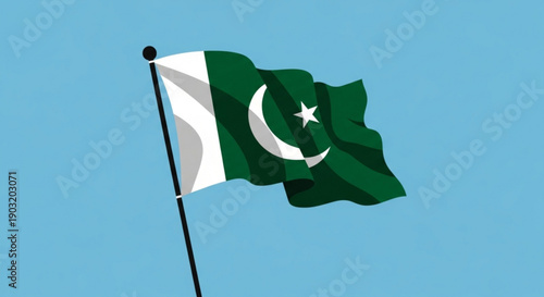 Pakistan flag waving on a pole against clear blue sky background with white crescent moon and star symbol