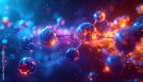 Atomic structure with glowing spheres against a cosmic, colorful backdrop
