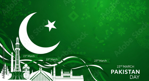 Pakistan day celebration with green background and white crescent moon and star symbol