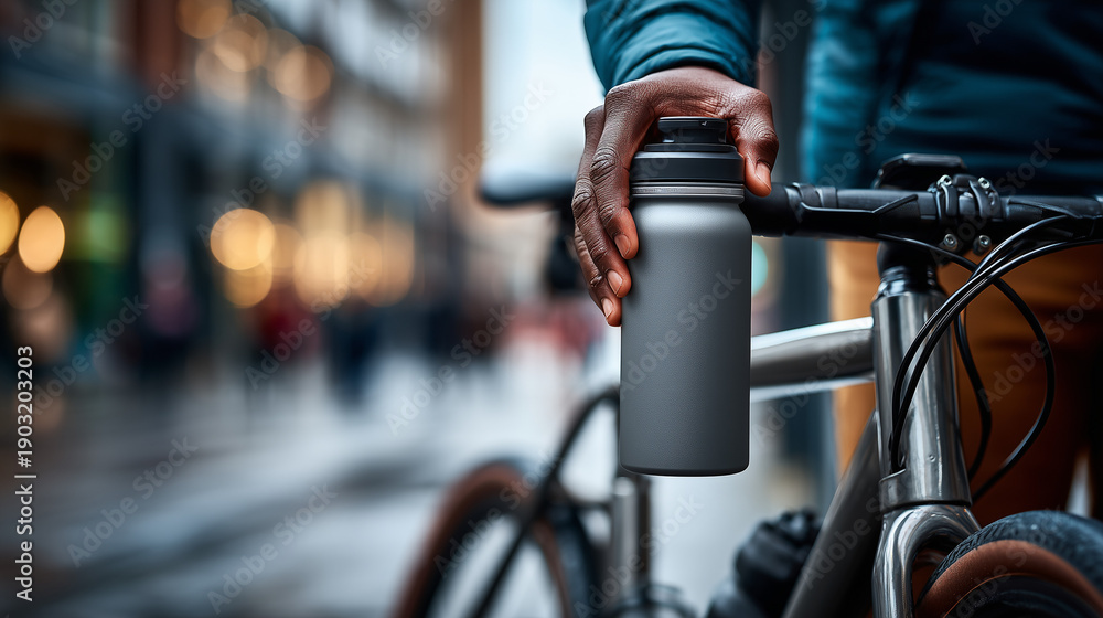 Obraz premium A cyclist's hand placing a blank insulated reusable coffee cup into a bike's bottle cage on a sleek frame.