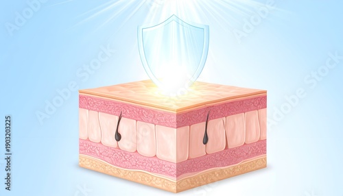 Illustration showing a skin cross-section protected by a glowing shield