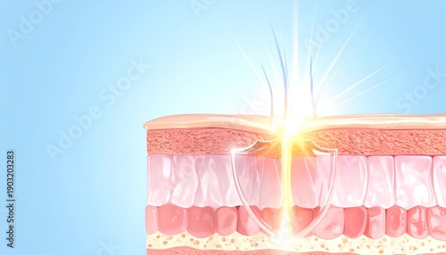 Cross-section of skin, layers shown with light ray penetration