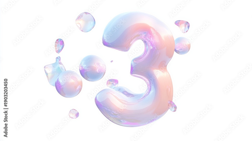 Obraz premium Holographic floating number three with iridescent blobs on white background