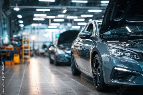 Wallpaper Mural High-end vehicle with hood open inside a automotive service center, maintenance, and premium car care. Torontodigital.ca