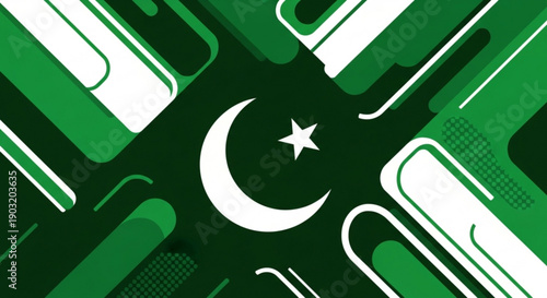 Pakistan flag design with white crescent moon and star on green background with modern geometric patterns
